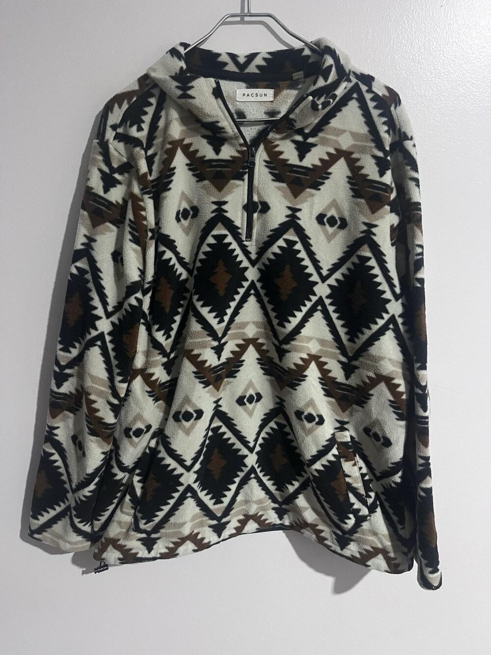 PacSun Hoodie Mens L White Pullover Hooded Pockets Zip Aztec Geometric